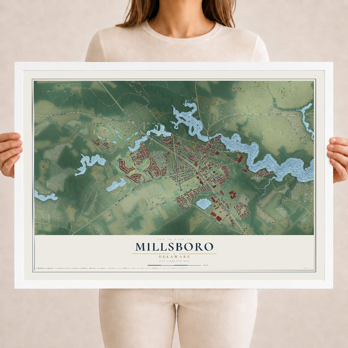 Map of Millsboro, Delaware, 18 x 24 inch print in a white wood frame