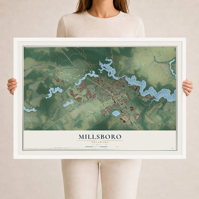 Map of Millsboro, Delaware, 24 x 36 inch print in a white wood frame