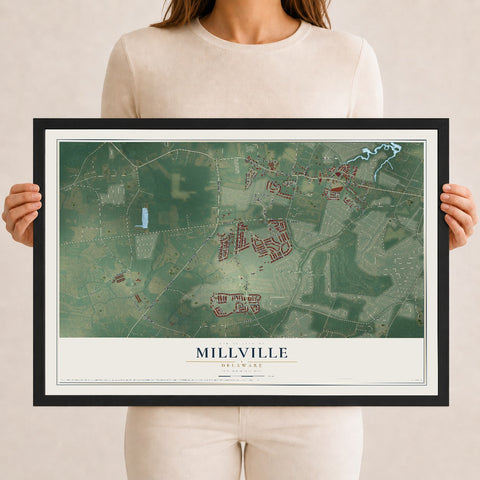 Map of Millville, Delaware, 12 x 18 inch print in a black wood frame