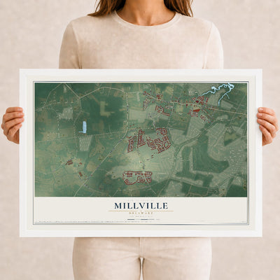 Map of Millville, Delaware, 12 x 18 inch print in a white wood frame