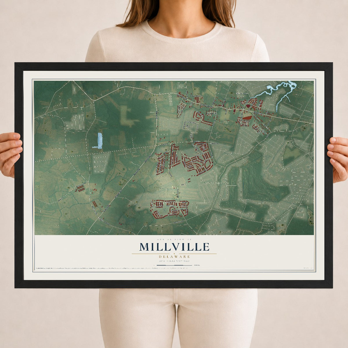 Map of Millville, Delaware, 18 x 24 inch print in a black wood frame