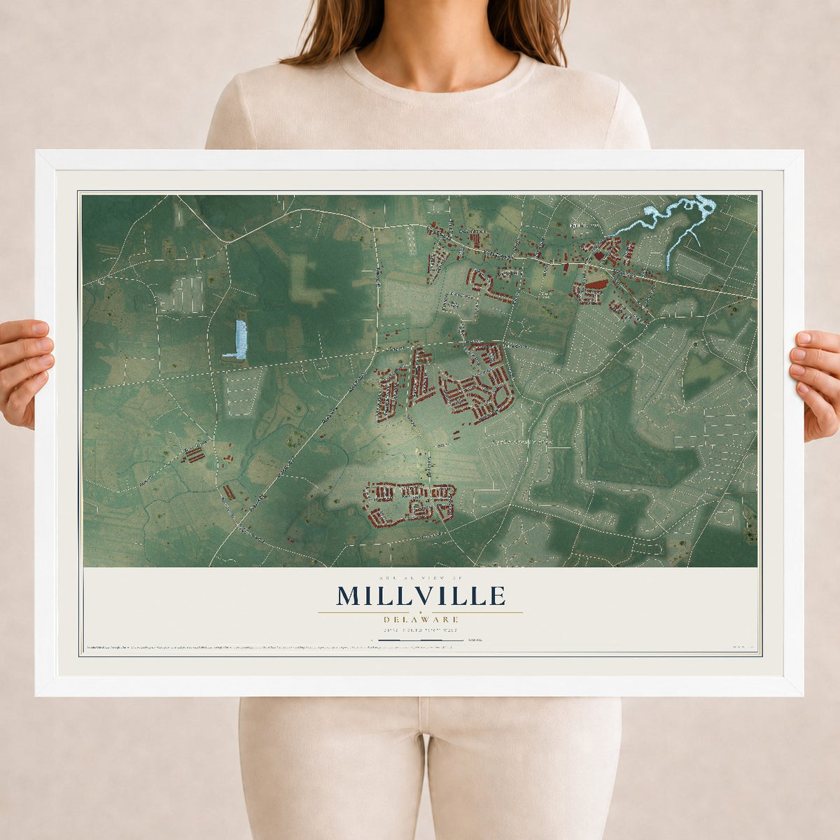 Map of Millville, Delaware, 18 x 24 inch print in a white wood frame