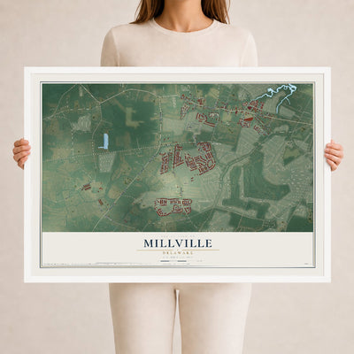 Map of Millville, Delaware, 24 x 36 inch print in a white wood frame