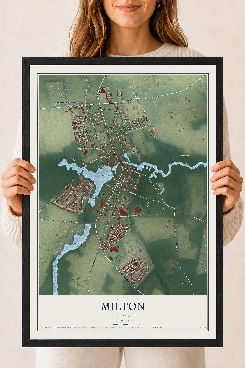 Map of Milton, Delaware, 18 x 24 inch print in a black wood frame