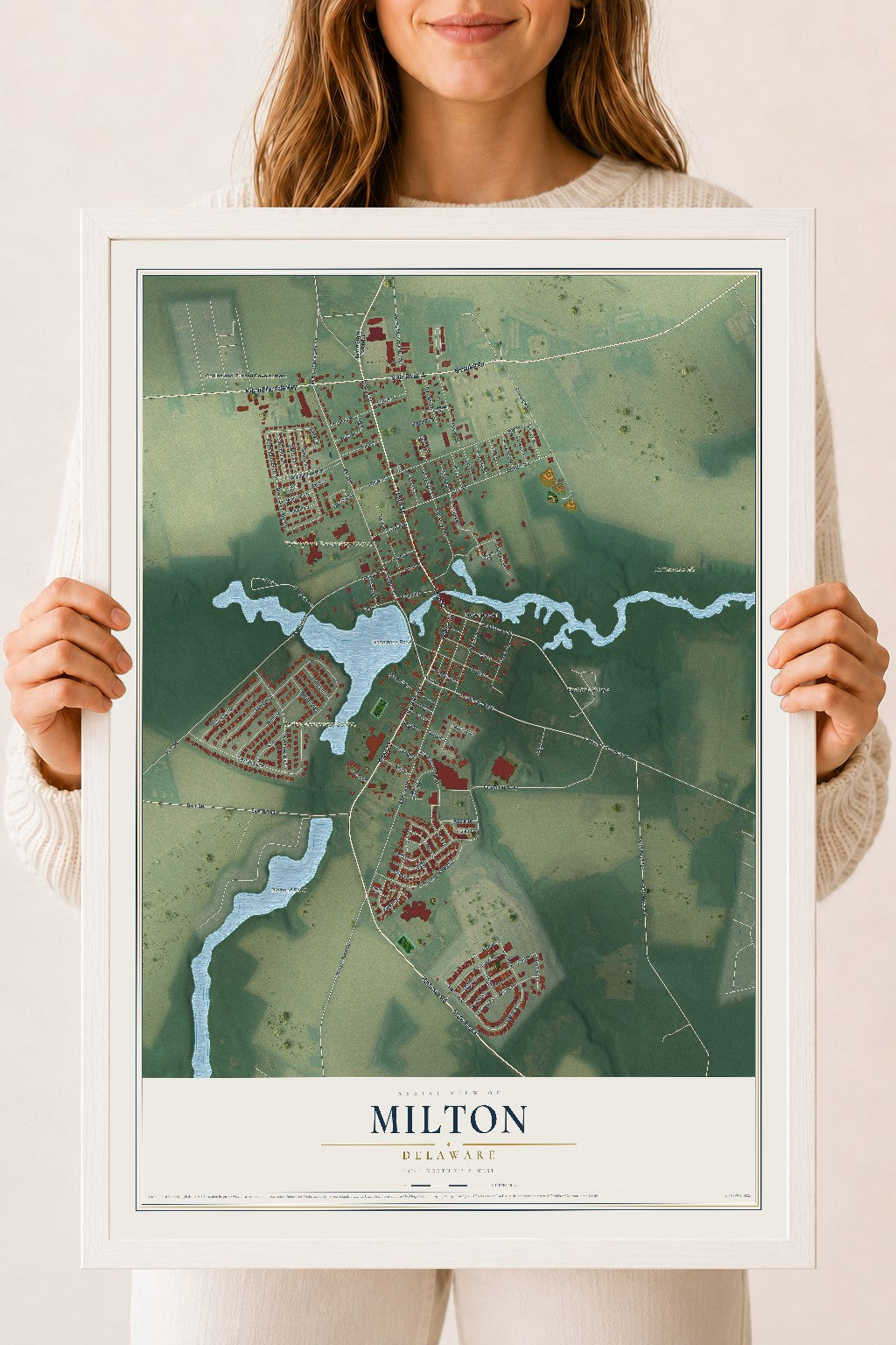 Map of Milton, Delaware, 18 x 24 inch print in a white wood frame
