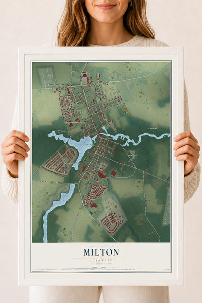 Map of Milton, Delaware, 18 x 24 inch print in a white wood frame
