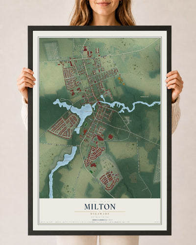 Map of Milton, Delaware, 24 x 36 inch print in a black wood frame