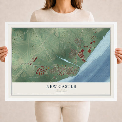 Map of New Castle, Delaware, 18 x 24 inch print in a white wood frame