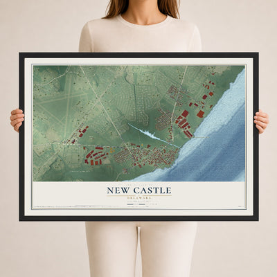 Map of New Castle, Delaware, 24 x 36 inch print in a black wood frame