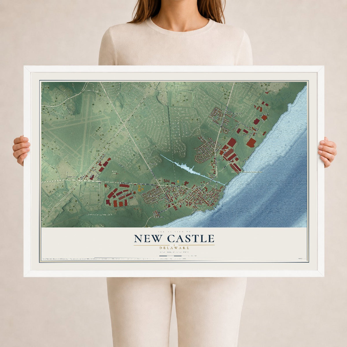Map of New Castle, Delaware, 24 x 36 inch print in a white wood frame