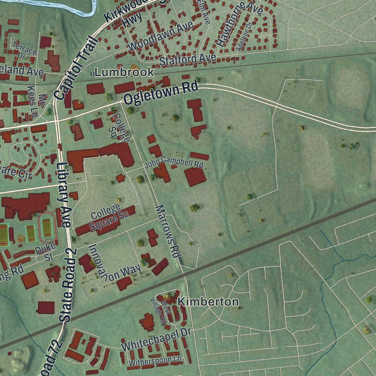 Second close-up of the map of Newark, Delaware print showing more streets and buildings