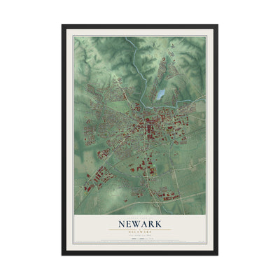 Map of Newark, Delaware, 12 x 18 inch print in a black wood frame