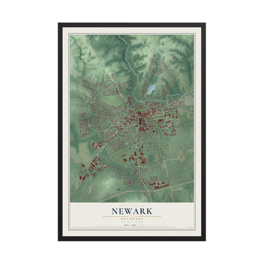Map of Newark, Delaware, 12 x 18 inch print in a black wood frame