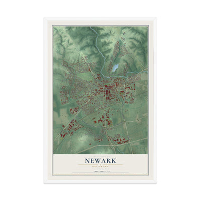 Map of Newark, Delaware, 12 x 18 inch print in a white wood frame