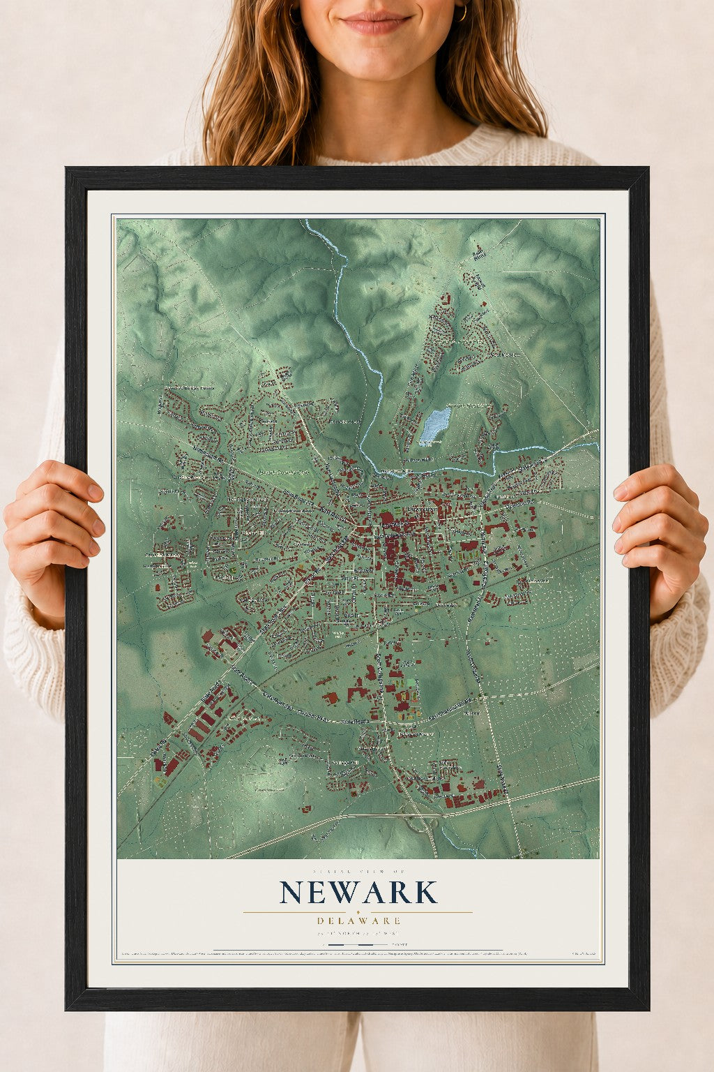 Map of Newark, Delaware, 18 x 24 inch print in a black wood frame