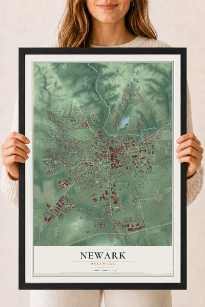 Map of Newark, Delaware, 18 x 24 inch print in a black wood frame