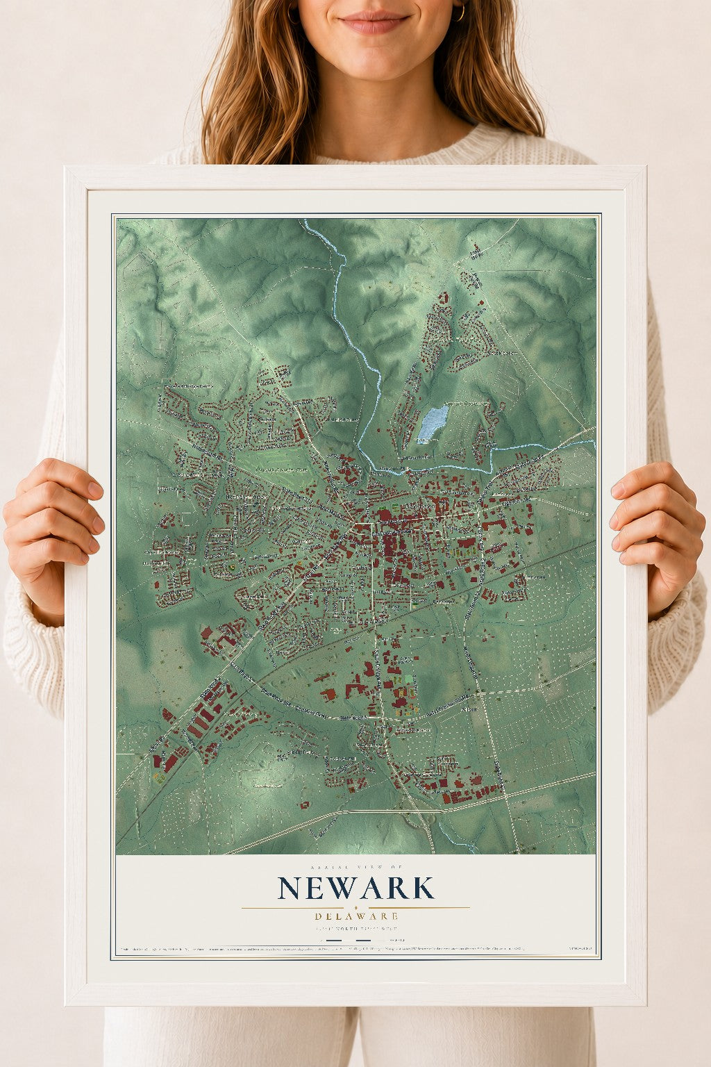 Map of Newark, Delaware, 18 x 24 inch print in a white wood frame