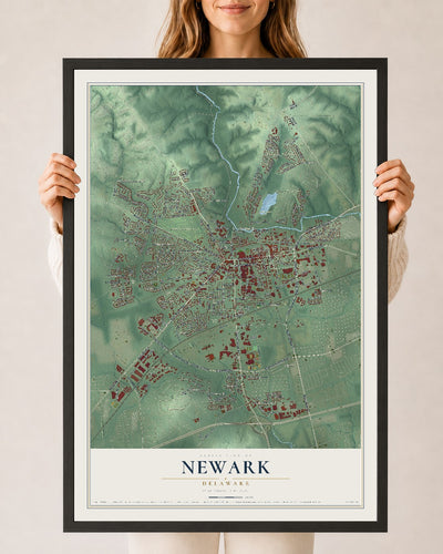 Map of Newark, Delaware, 24 x 36 inch print in a black wood frame