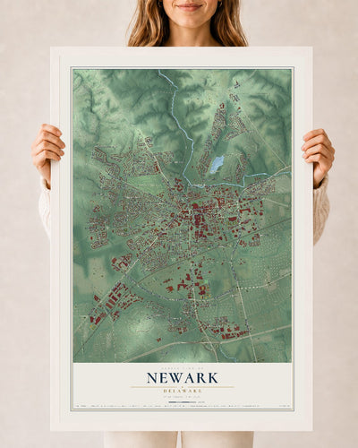 Map of Newark, Delaware, 24 x 36 inch print in a white wood frame