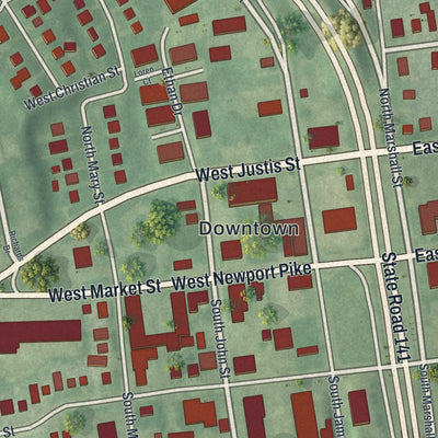 Close-up of the map of Newport, Delaware print showing street and building detail
