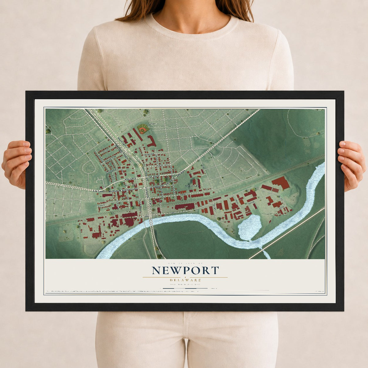 Map of Newport, Delaware, 12 x 18 inch print in a black wood frame