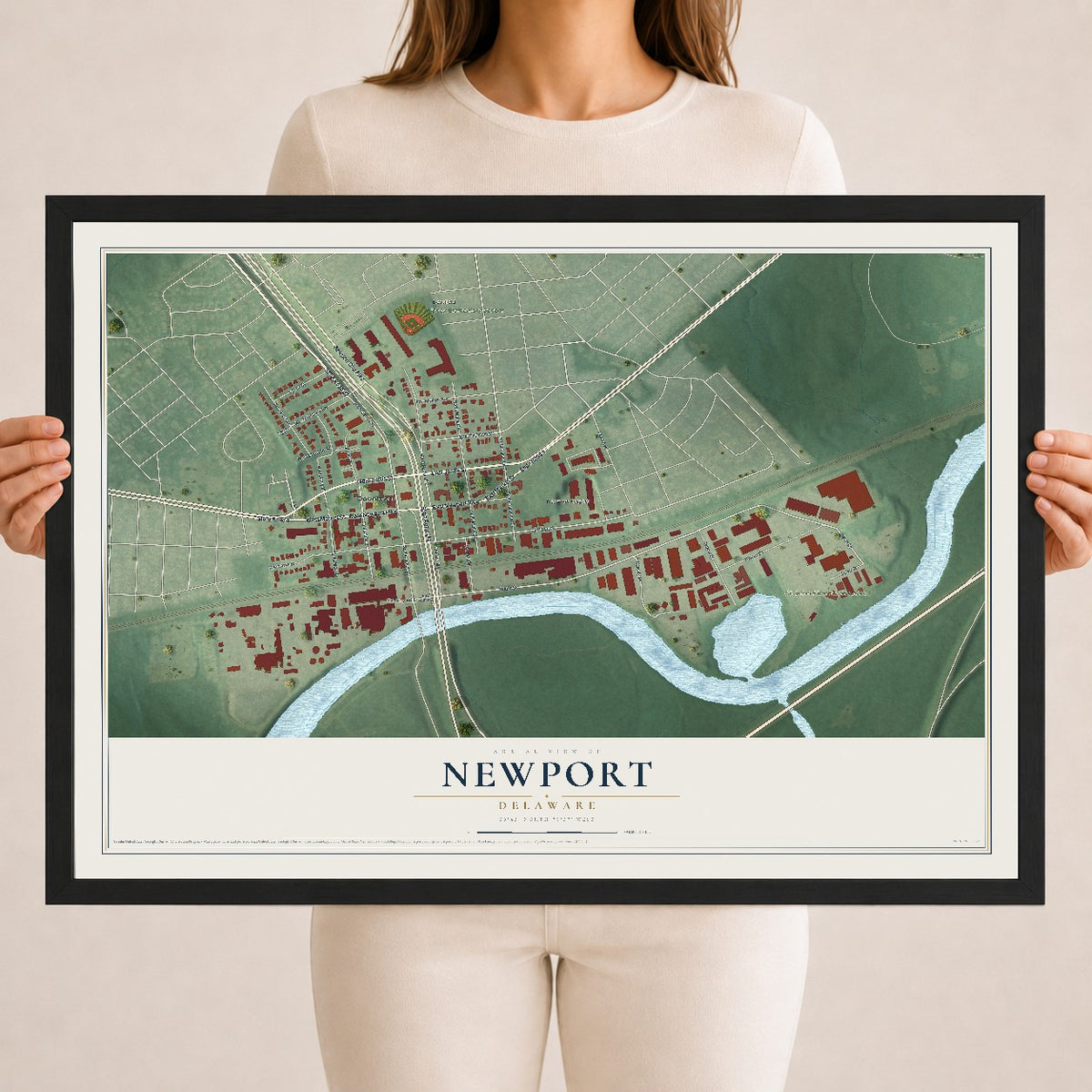 Map of Newport, Delaware, 18 x 24 inch print in a black wood frame