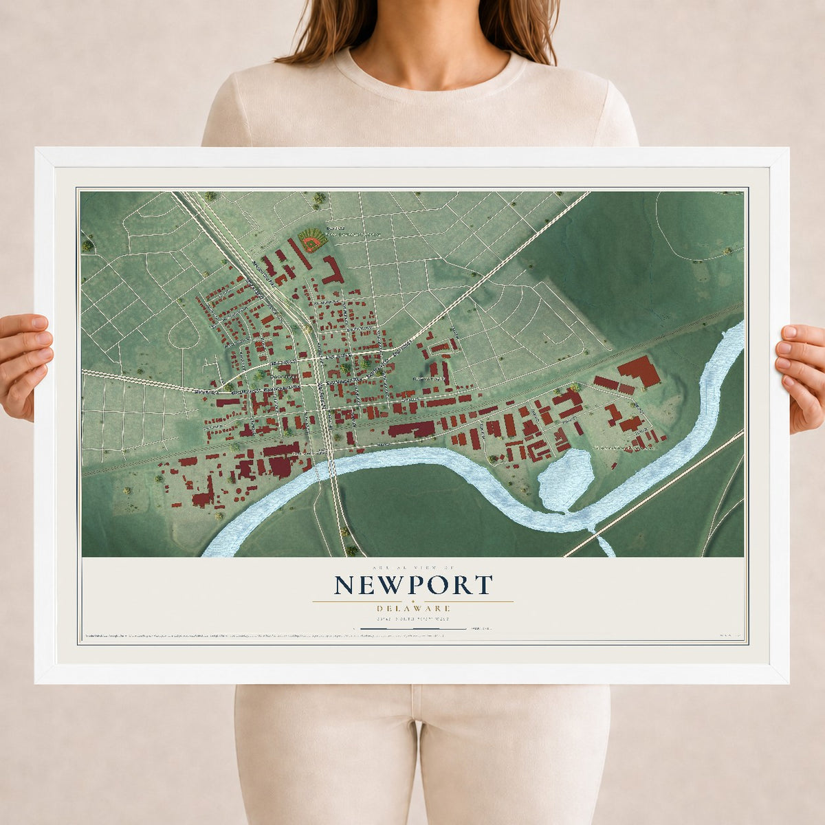 Map of Newport, Delaware, 18 x 24 inch print in a white wood frame