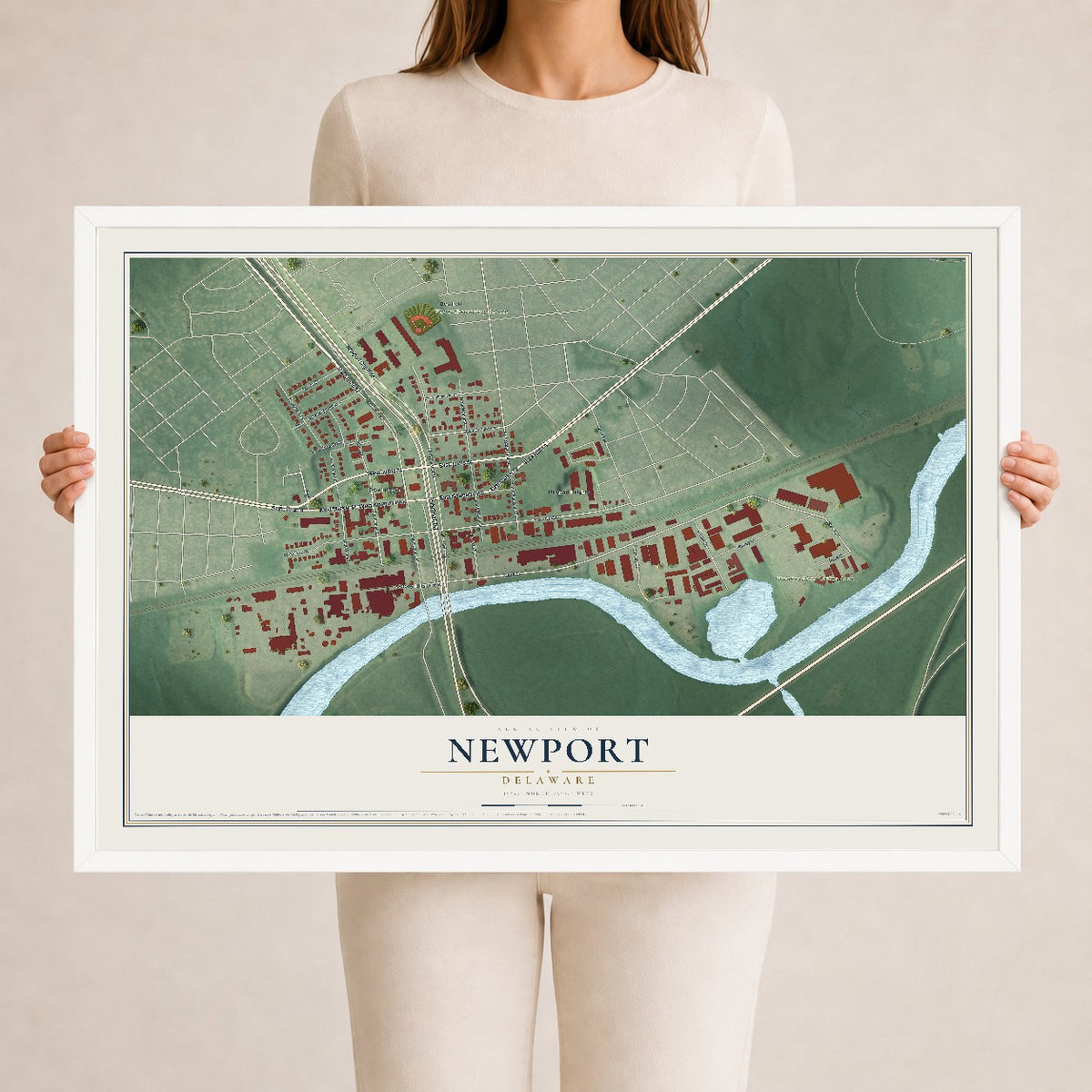 Map of Newport, Delaware, 24 x 36 inch print in a white wood frame