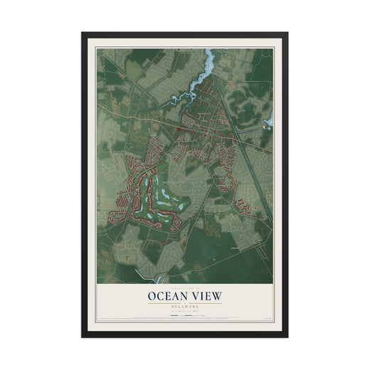 Map of Ocean View, Delaware, 12 x 18 inch print in a black wood frame