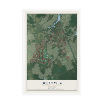 Map of Ocean View, Delaware, 12 x 18 inch print in a white wood frame