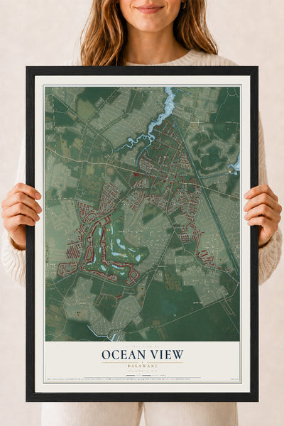Map of Ocean View, Delaware, 18 x 24 inch print in a black wood frame