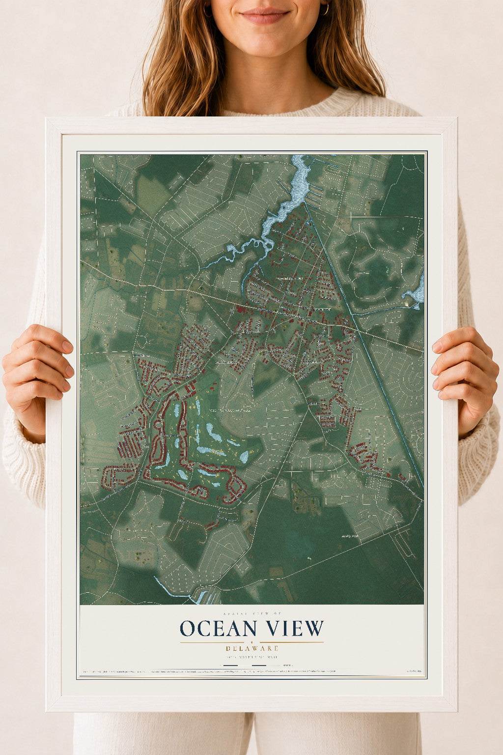 Map of Ocean View, Delaware, 18 x 24 inch print in a white wood frame