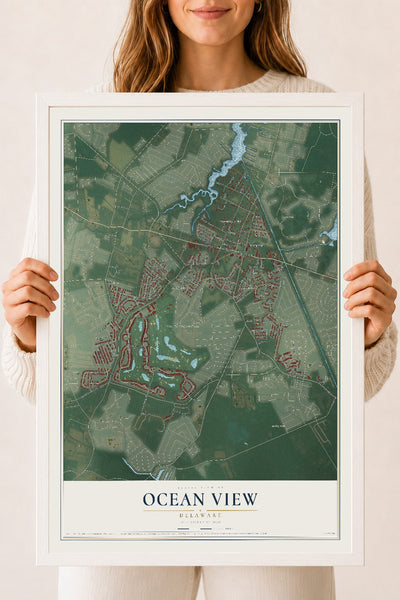 Map of Ocean View, Delaware, 18 x 24 inch print in a white wood frame