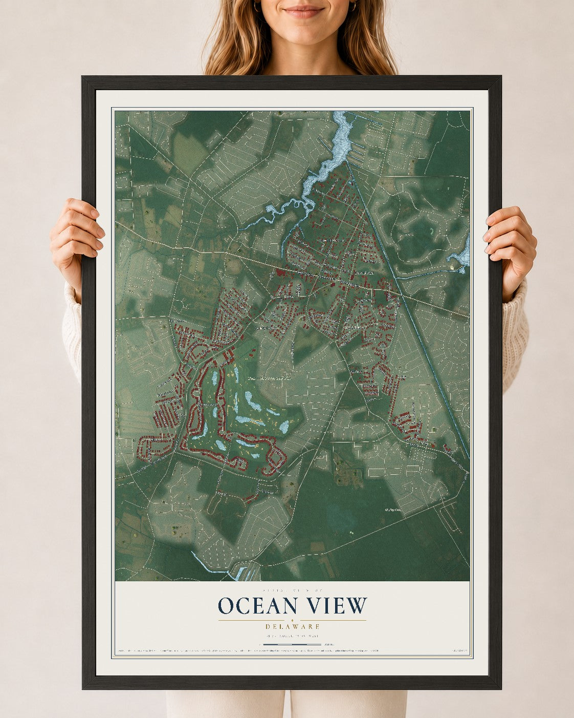 Map of Ocean View, Delaware, 24 x 36 inch print in a black wood frame