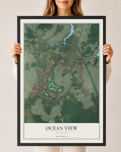 Map of Ocean View, Delaware, 24 x 36 inch print in a black wood frame