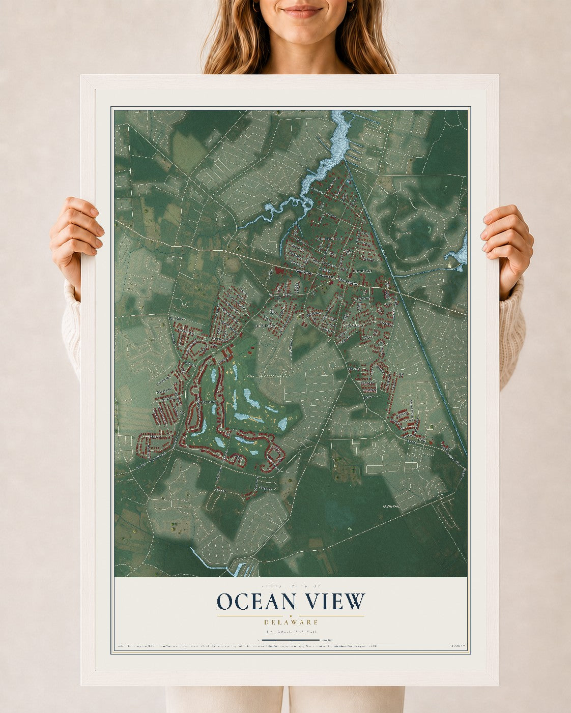 Map of Ocean View, Delaware, 24 x 36 inch print in a white wood frame