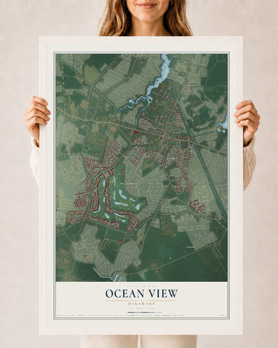 Map of Ocean View, Delaware, 24 x 36 inch print in a white wood frame