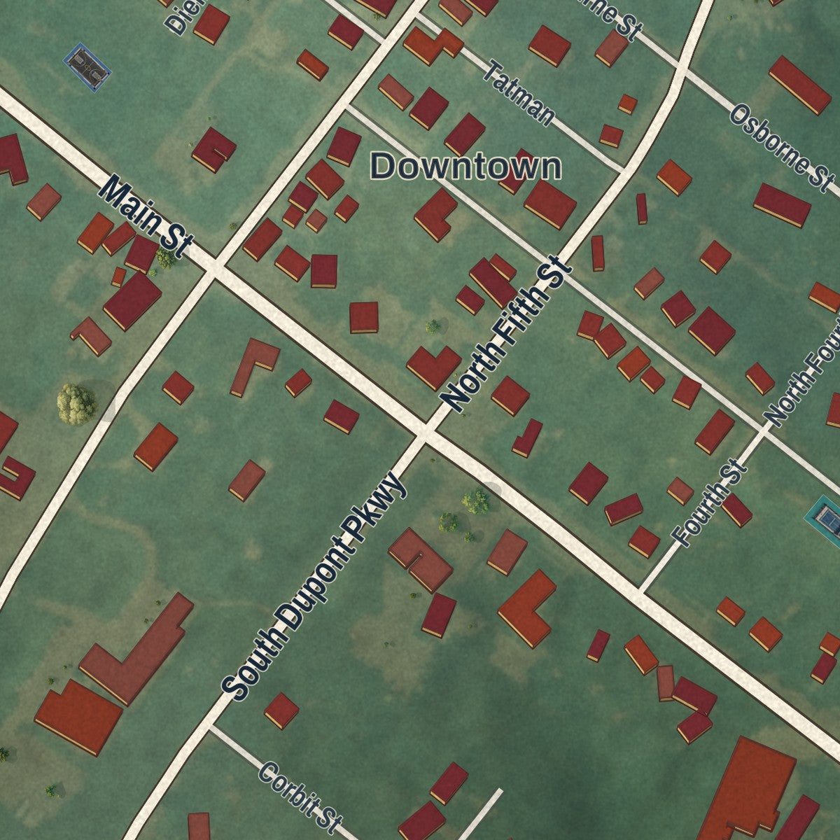 Close-up of the map of Odessa, Delaware print showing street and building detail