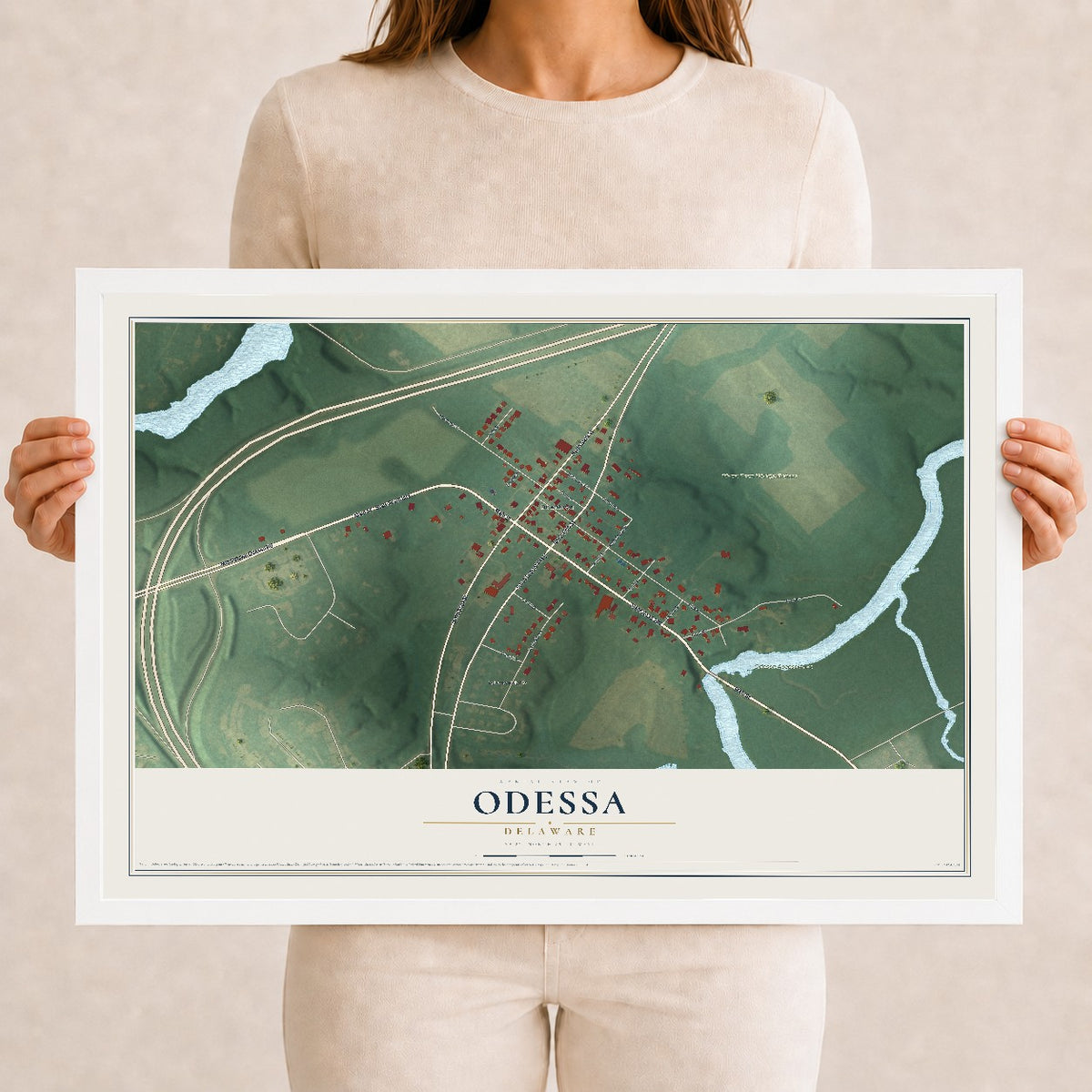 Map of Odessa, Delaware, 12 x 18 inch print in a white wood frame