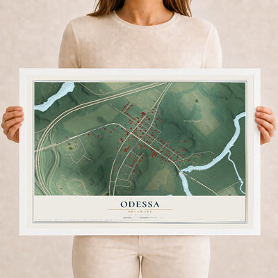 Map of Odessa, Delaware, 12 x 18 inch print in a white wood frame