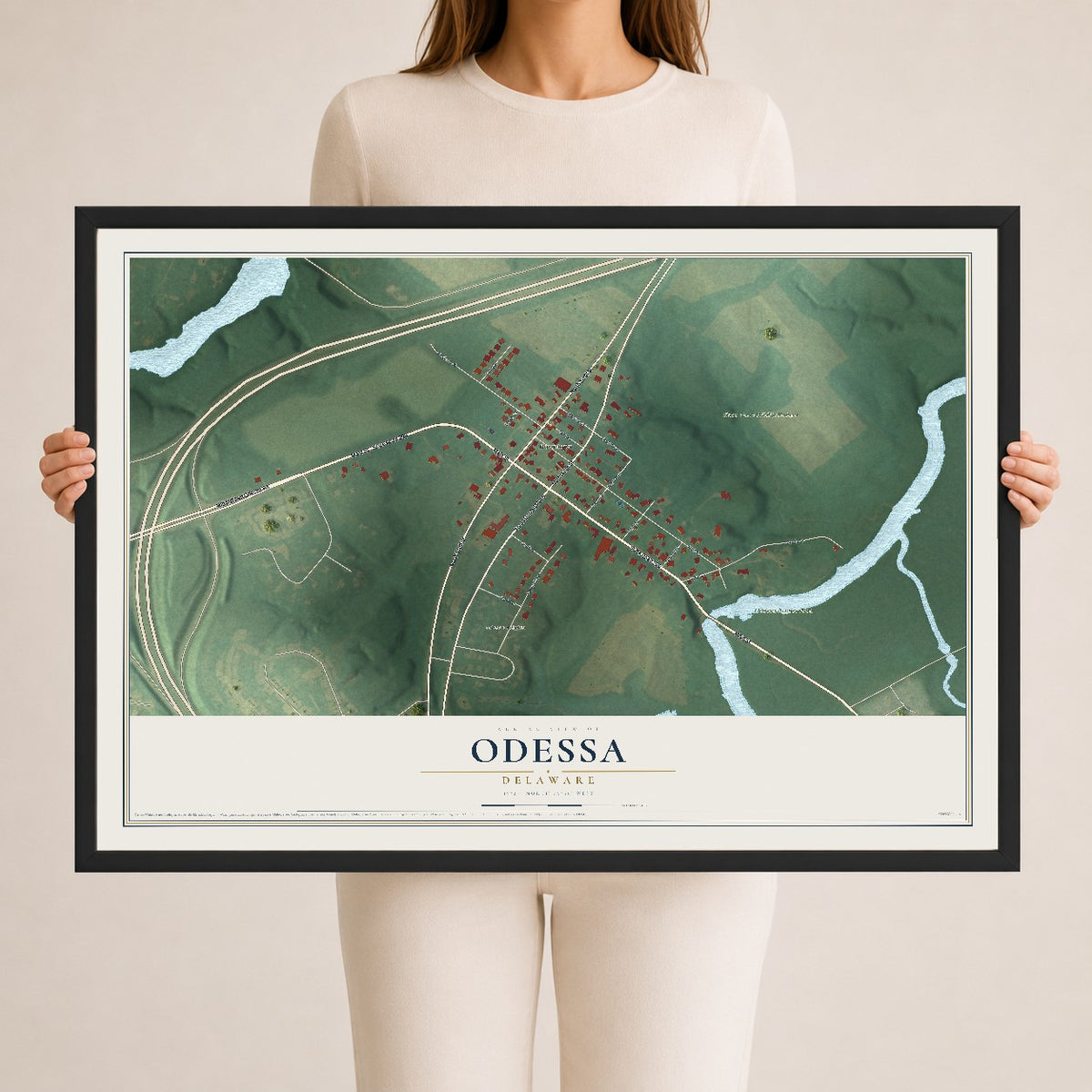 Map of Odessa, Delaware, 24 x 36 inch print in a black wood frame