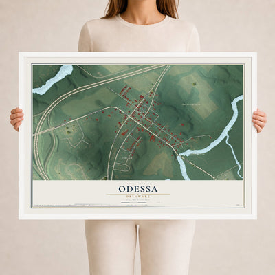 Map of Odessa, Delaware, 24 x 36 inch print in a white wood frame