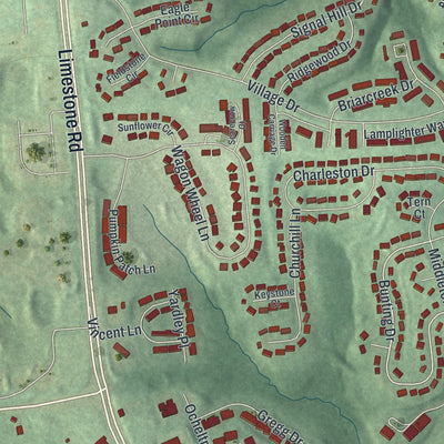 Close-up of the map of Pike Creek, Delaware print showing street and building detail