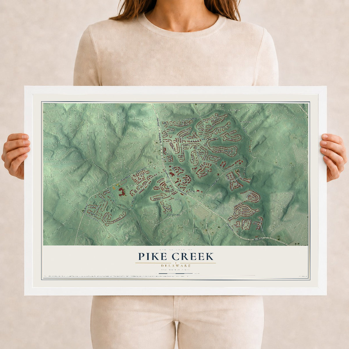 Map of Pike Creek, Delaware, 12 x 18 inch print in a white wood frame