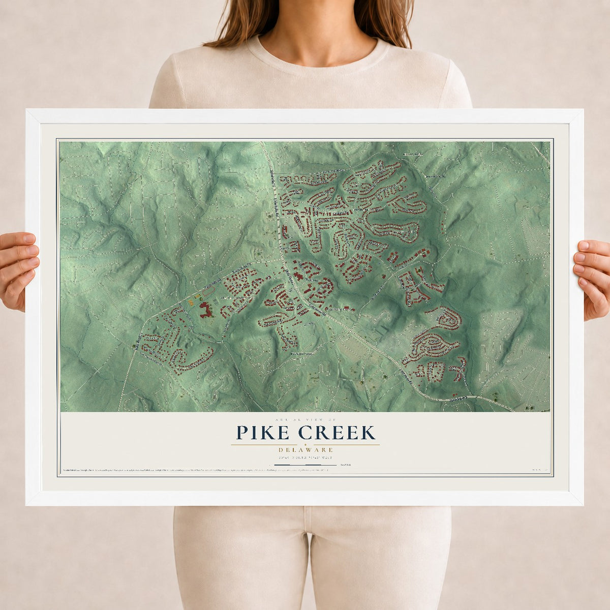 Map of Pike Creek, Delaware, 18 x 24 inch print in a white wood frame