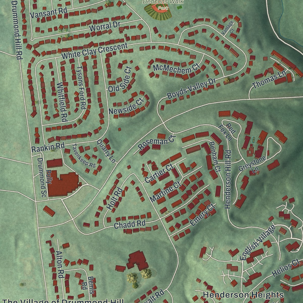 Close-up of the map of Pike Creek Valley, Delaware print showing street and building detail