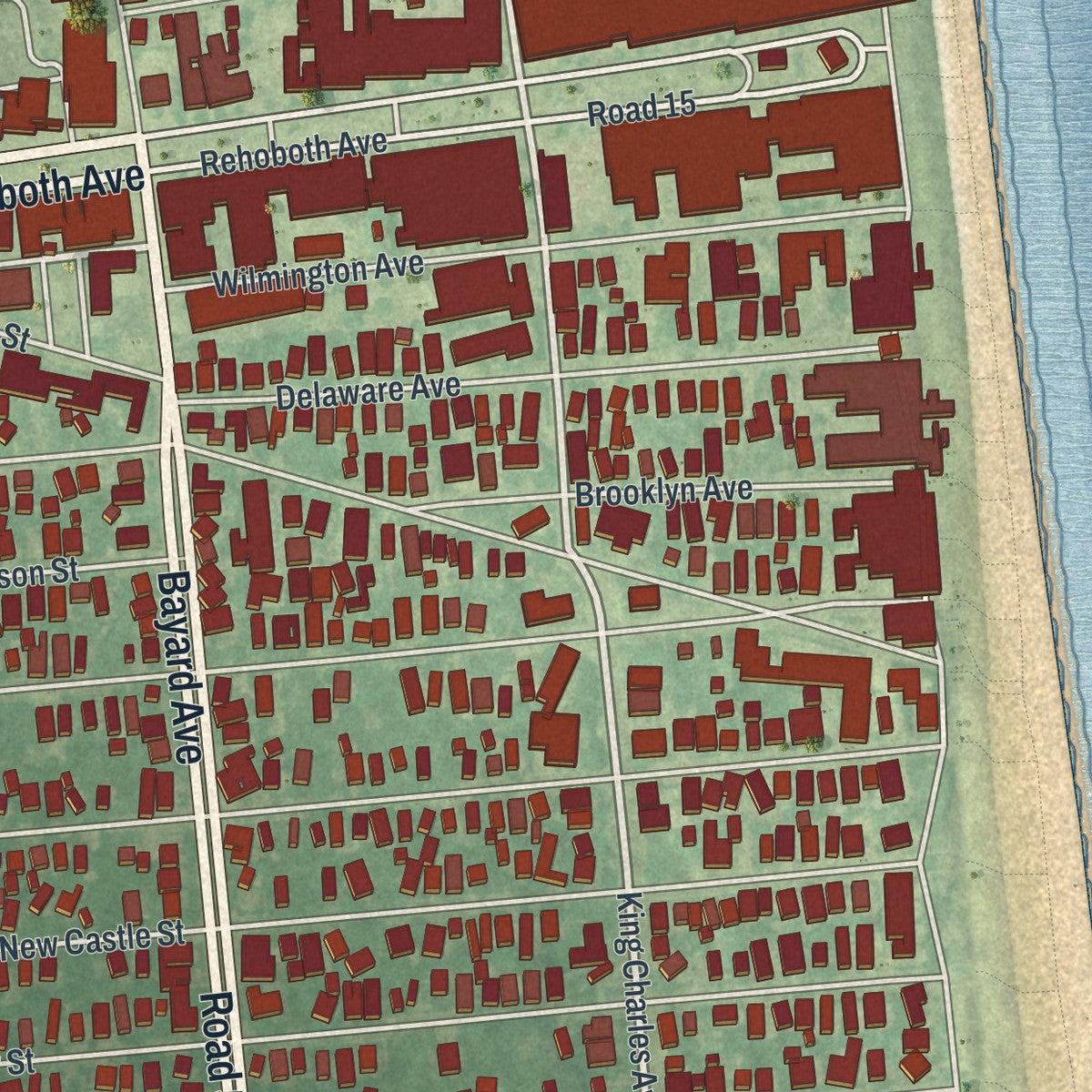 Close-up of the map of Rehoboth Beach, Delaware print showing street and building detail