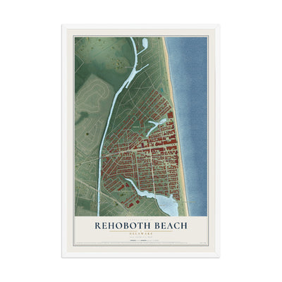 Map of Rehoboth Beach, Delaware, 12 x 18 inch print in a white wood frame