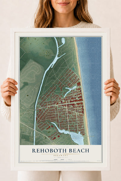 Map of Rehoboth Beach, Delaware, 18 x 24 inch print in a white wood frame