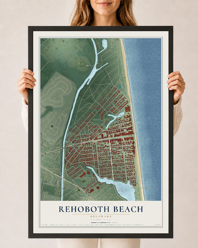 Map of Rehoboth Beach, Delaware, 24 x 36 inch print in a black wood frame